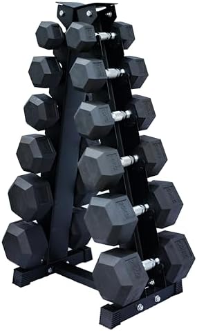 Strongway Hex Dumbbells Set with Weights Storage Rack Stand Tree 5KG-25KG 2.5-15KG Rubber Coated...