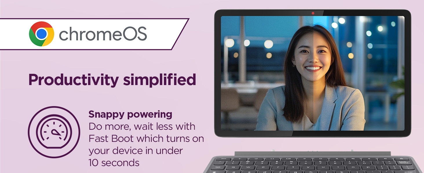 ChromeOS interface showing a woman, highlighting productivity features and fast boot under 10 sec