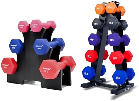 STRONGWAY Neoprene Hex Dumbbells Sets With Weight Storage Rack Stand Gym Training Weight Lifting...