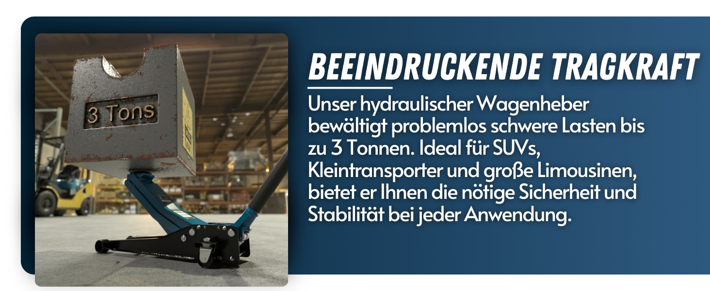Die hydraulische Hebeb&uuml;hne zeigt das Anheben eines Fahrzeugs. Der Text weist darauf hin, dass es bis zu 3 Tonnen heben kann. Es ist f&uuml;r SUVs und Limousinen geeignet und bietet Sicherheit und Stabilit&auml;t