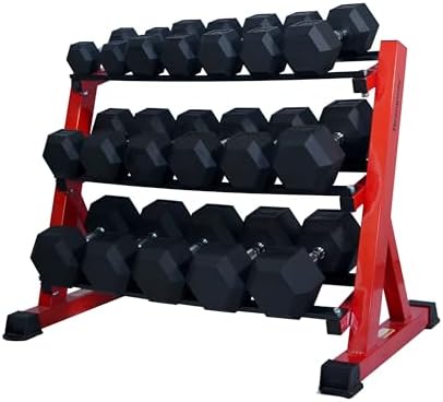 Strongway Hex Dumbbells Set with Weights Storage Rack Stand 5KG-20KG and 5KG-25KG Rubber Coated ...