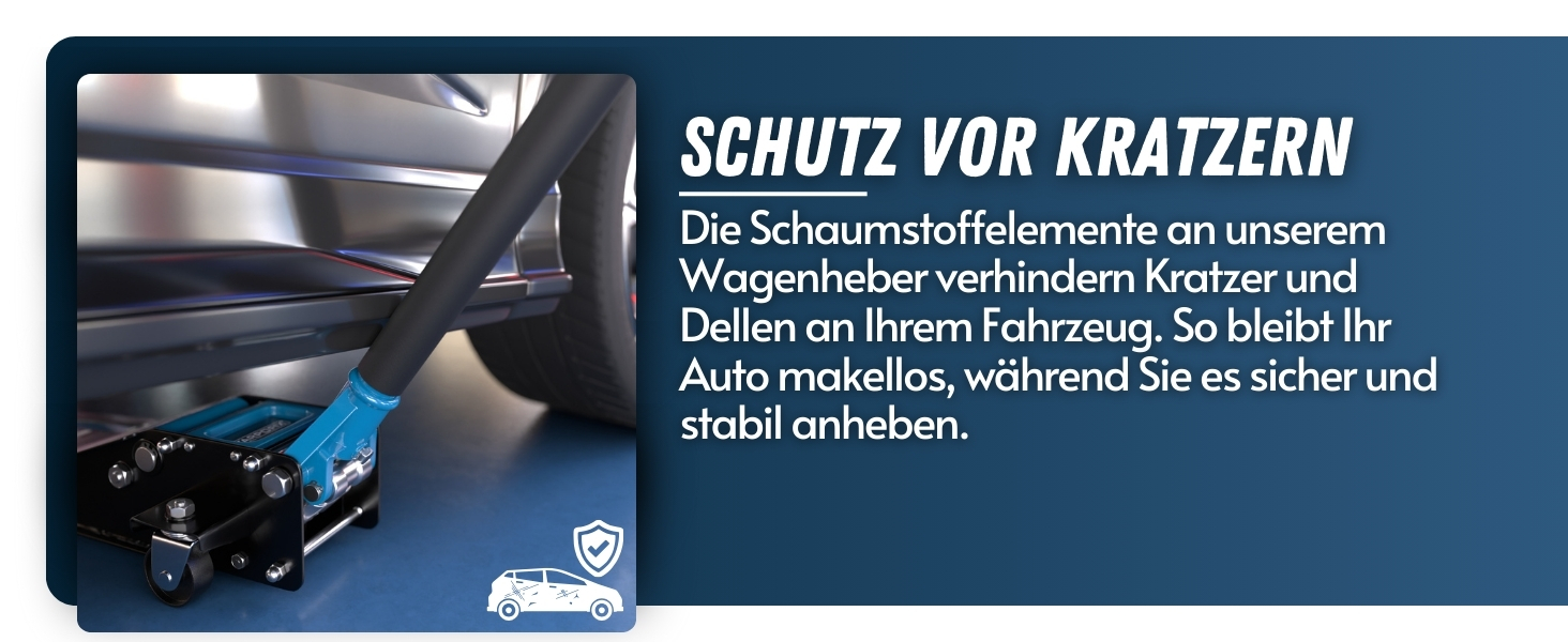 Nahaufnahme eines schwarzen Autoschutzelements vor blauem Hintergrund mit deutschem Text zum Kratzschutz